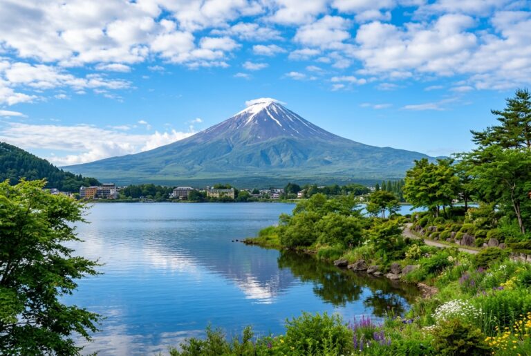 富士山登山規制2026：夏の青空にそびえる富士山と美しい湖畔の風景