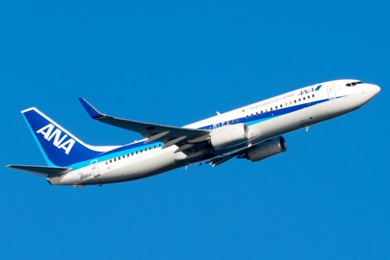 青空を背に上昇するANAのボーイング737-800(機体記号JA86AN)を右斜め後方から見た様子
