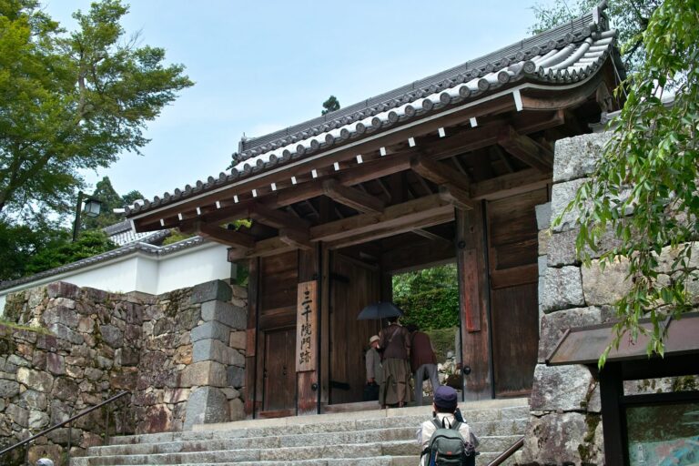 京都・大原の三千院 御殿門。石段と土塀に沿って青もみじが茂る