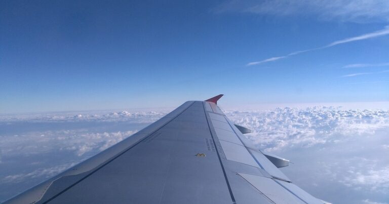 上空を飛ぶ旅客機の主翼と雲