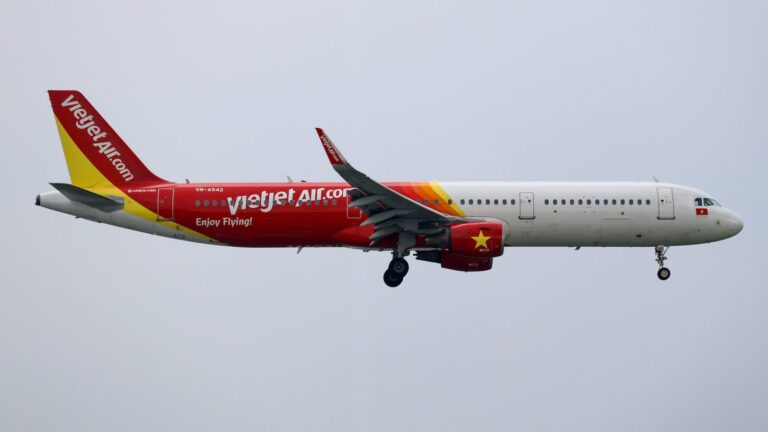 着陸態勢に入ったベトジェットエアのエアバスA321-211型機（登録記号VN-A542）