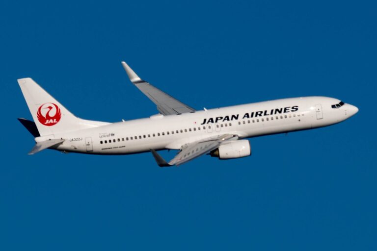 青空を背に離陸した日本航空のボーイング737-800型機（機体記号JA322J）