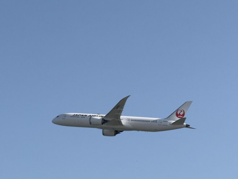 青空へ上昇する日本航空のボーイング787-9(JA869J)