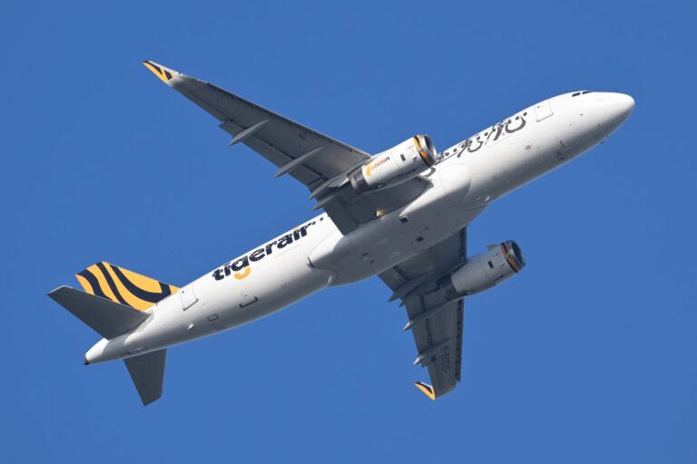 台湾桃園国際空港を離陸して上昇するタイガーエア台湾のエアバスA320(B-50015)。尾翼に虎柄のストライプが入る