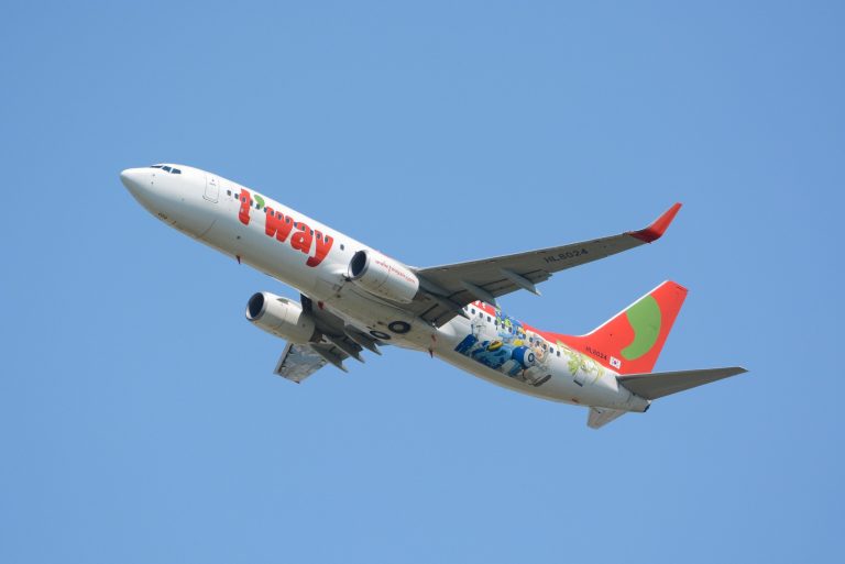 成田空港を離陸するティーウェイ航空のボーイング737-800(HL8024)