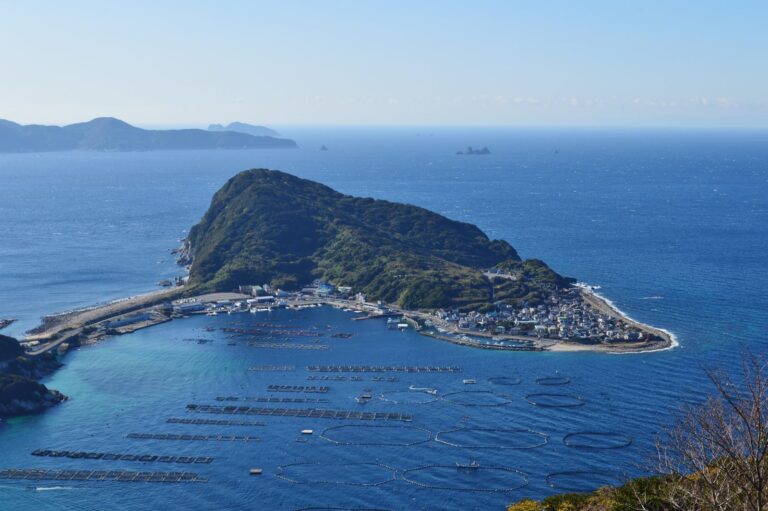 高知県大月町・柏島の全景とエメラルドグリーンの海